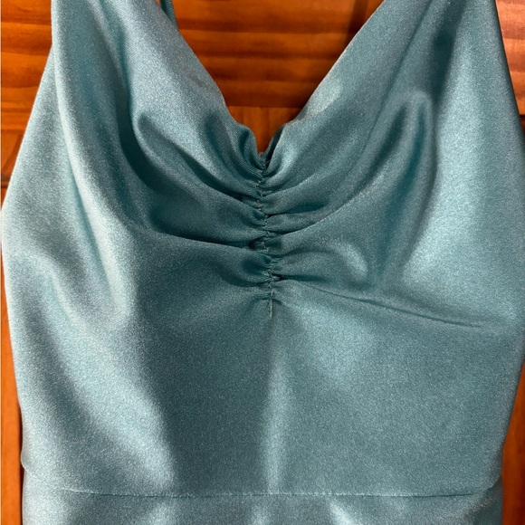 Teal Satin Criss Cross Gown - Picture 6 of 11